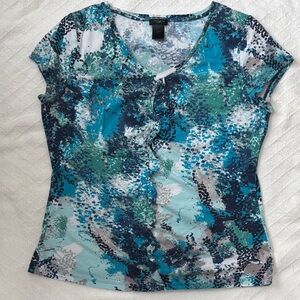 Ann Taylor Teal and Navy Patterned Short Sleeve Tee